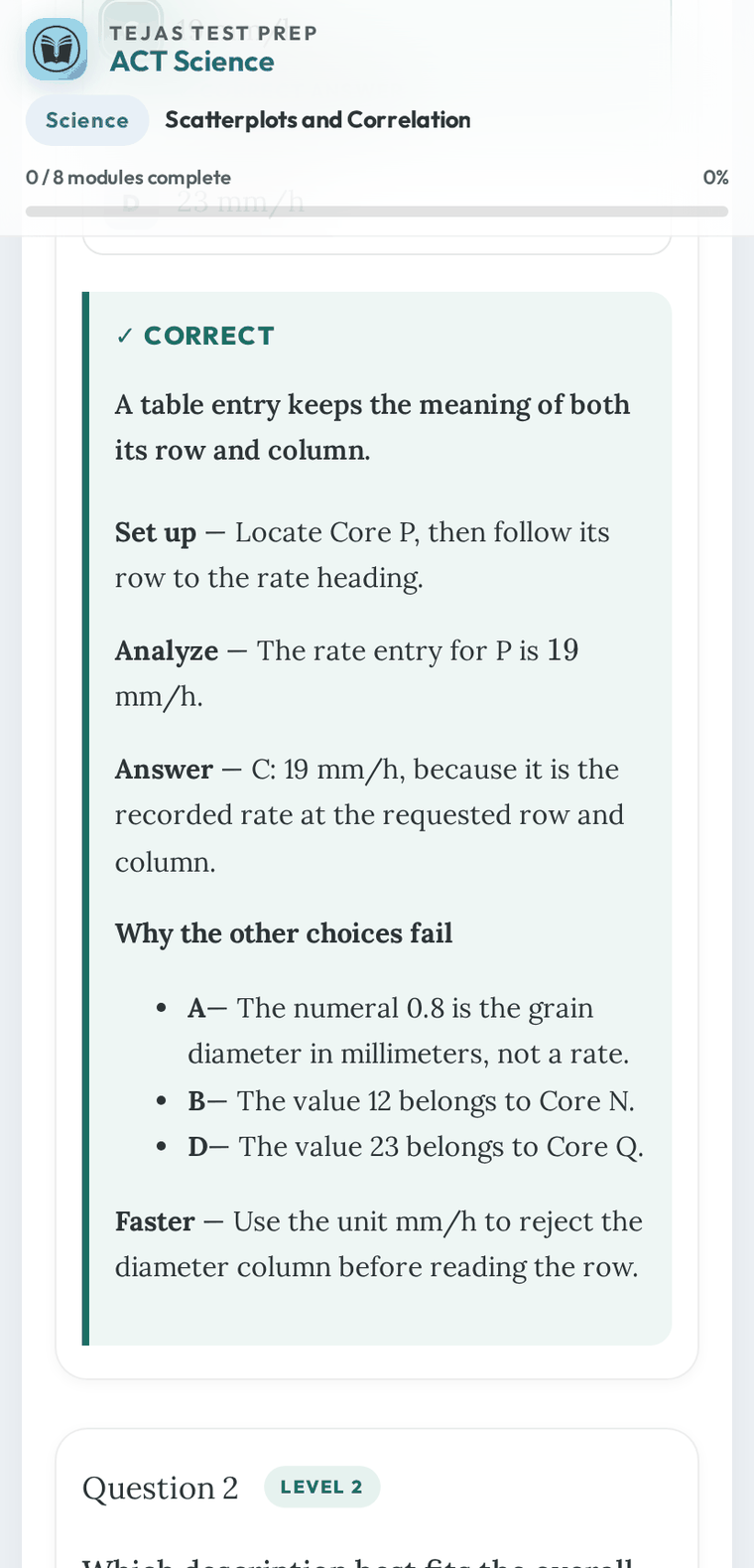 A lesson open on a phone, showing a question, the correct answer marked, and the full written explanation beneath it.