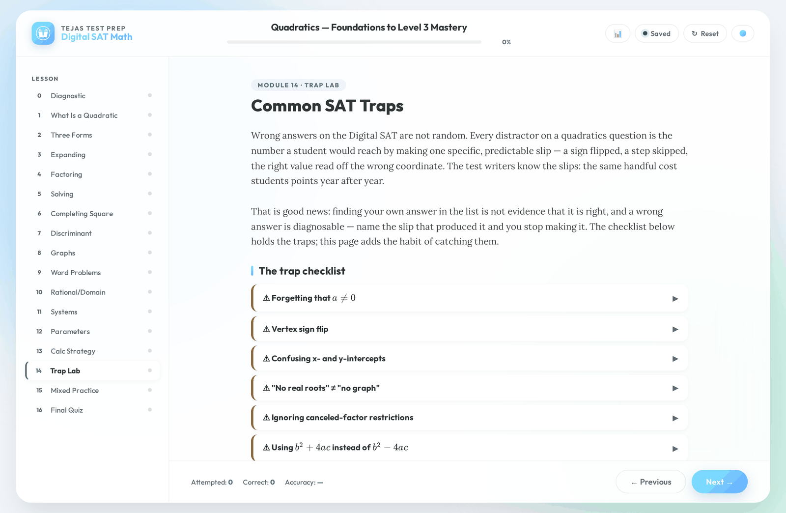 The Trap Lab inside the Digital SAT Quadratics lesson: a checklist of the specific mistakes that produce each wrong answer choice.