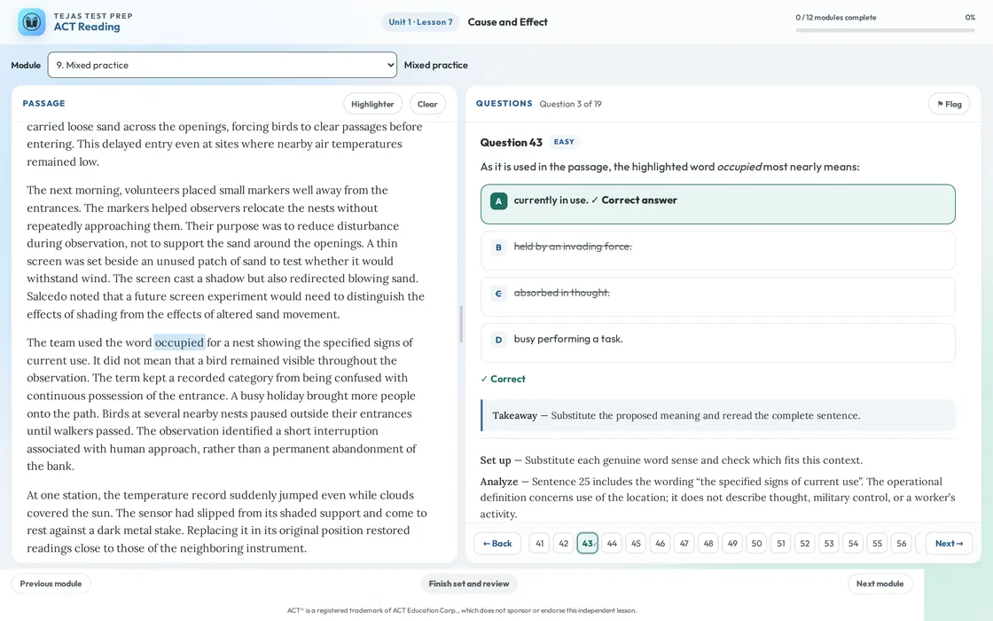 ACT Reading lesson in split-screen view: the passage with a highlighted word on the left, and the question with two choices crossed out and the correct answer confirmed on the right.