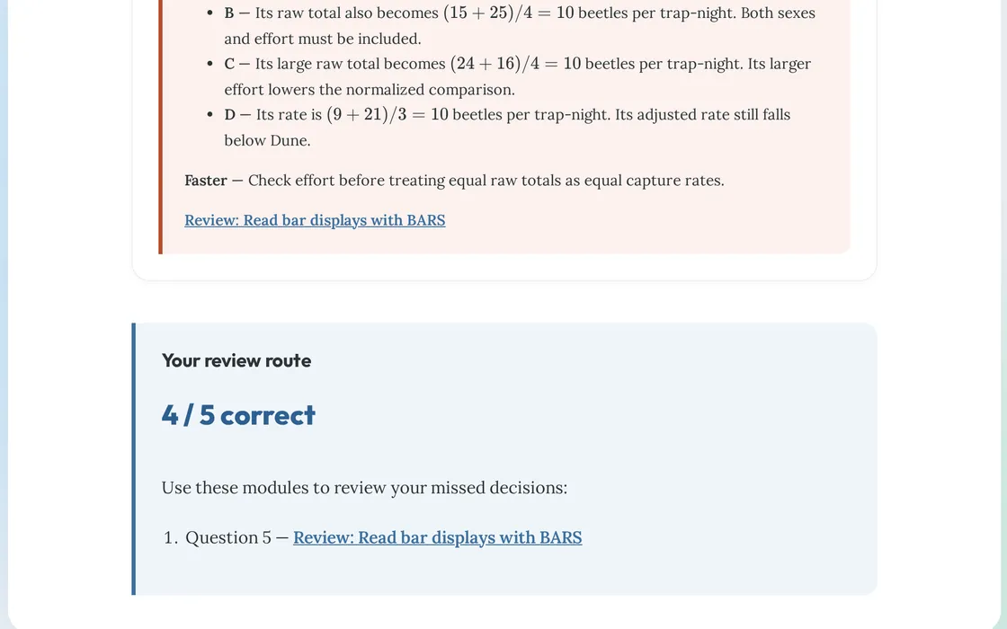 Results after an ACT Science diagnostic: 4 of 5 correct, with a link to the module to review for the missed question.