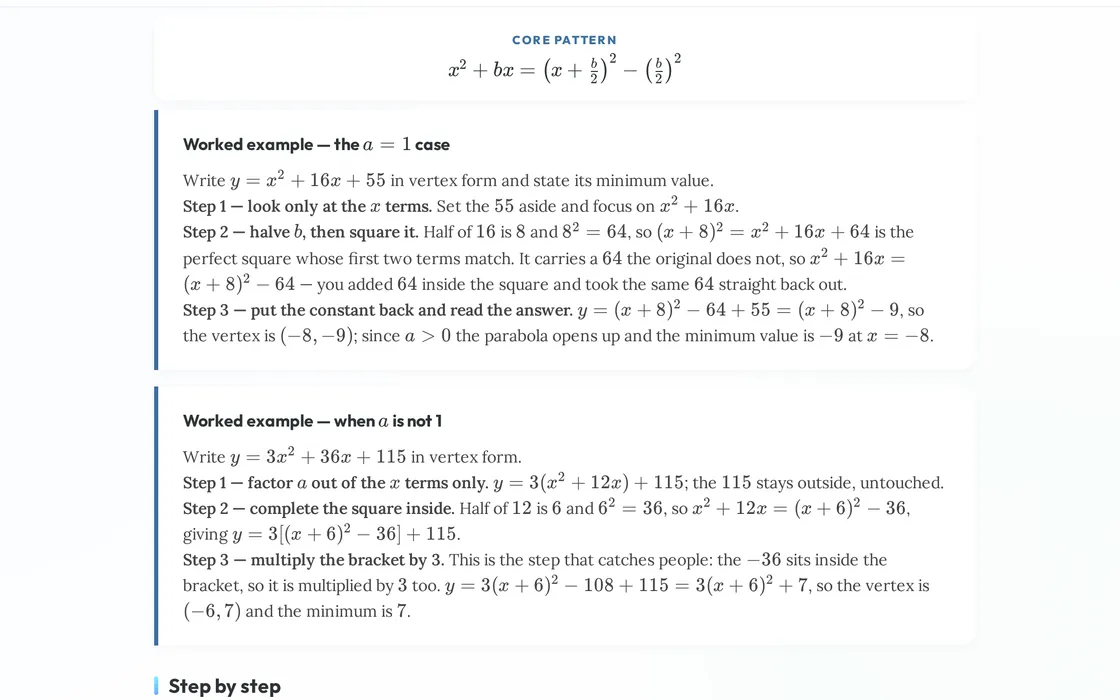 Digital SAT quadratics lesson showing two worked examples of completing the square, step by step.